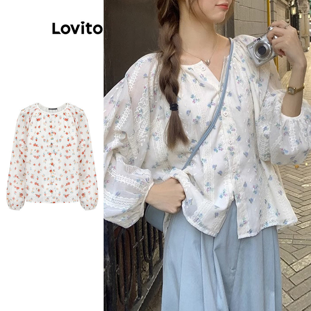 Lovito Casual Blusa Feminina Floral Com Bot O E Bordado Lna