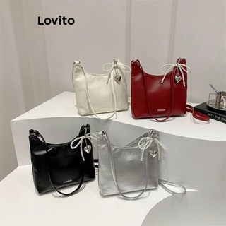 Lovito Bolsa de ombro pequena casual com pérolas e laço liso para mulheres LFA43240