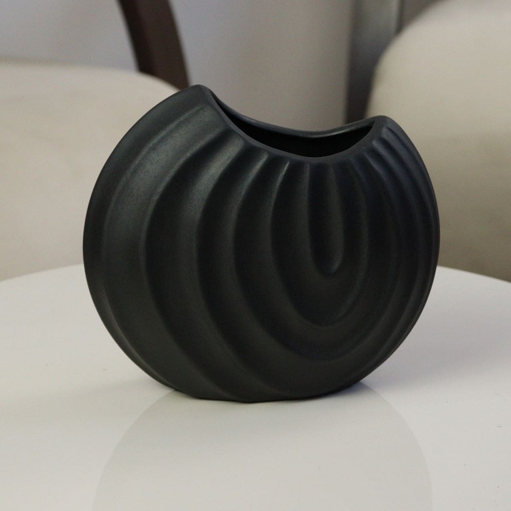 Imagem do produto Vaso de Cerâmica Concha - - Decoração para sala, quarto, escritório, painel, rack, aparador Preto