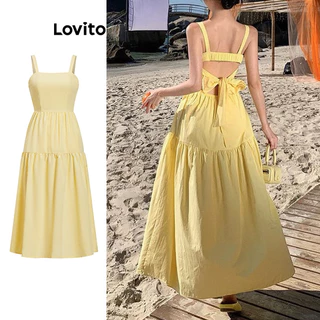 Lovito Vestido boho liso com renda e recorte para mulheres L99ED704