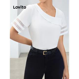 Lovito Blusa elegante com gola de malha lisa e contrastante para mulheres LBL14205