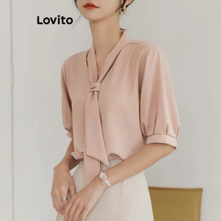 Lovito Blusa elegante plissada frontal com gravata lisa para mulheres LNL74488