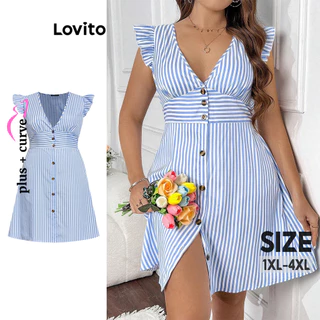 Lovito Vestido plus size elegante listrado com botões para mulheres LBL16525