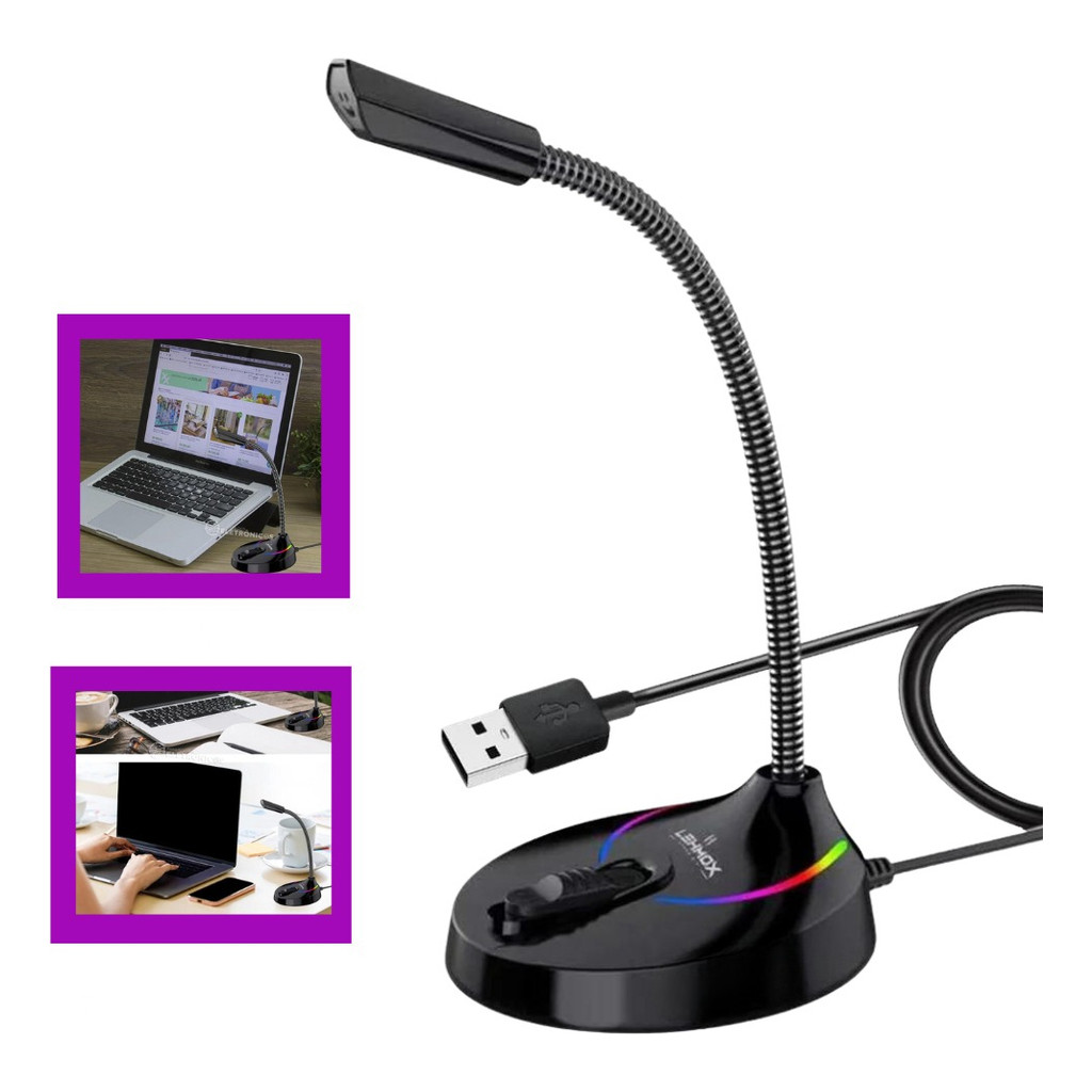 Microfone De Mesa Haste Ajustável Iluminação RGB USB Para Computador Pc ...