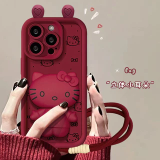 Hello Kitty Mirror Holder 3D Ear Case Capinha iphone 17 17Pro 17ProMax 11/12/13/14/15/16 Pro max