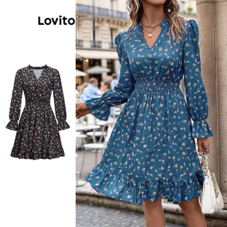 Lovito Vestido casual Ditsy floral com acabamento em alface para mulheres LBL20302(Multicolorido)