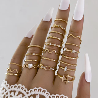 Novo Estilo de Moda Transfronteiriço Estrela da Moda Abertura Multi-Joint Ring High-End Light Luxury Diamond Ring Fêmea 22-Piece Set
