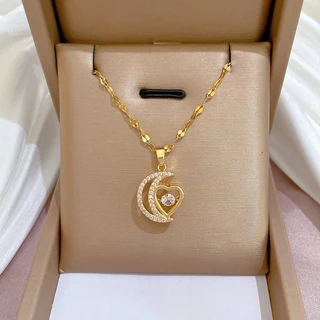 T Colar de Aço Titânio Colar Lua de Luxo Leve Colar Micro-Inlaid Real Gold Inteligente Colar Feminino de Ouro Real Jóias Acessórios Clavicle Cha