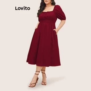 Lovito Vestido plus size curvo casual liso com renda para mulheres LNL69307