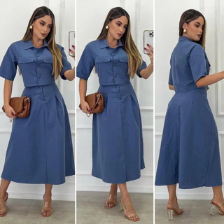 Conjunto Saia Midi Rodada Moda evangélica Longa e Blusa Linho com Botões
