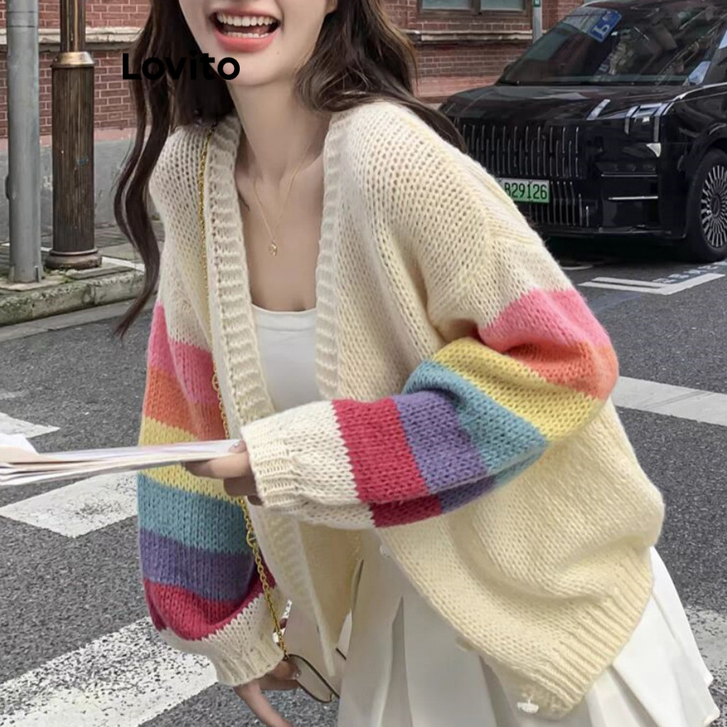 Lovito Cardigãs casuais lisos colorblock para mulheres LNE69108
