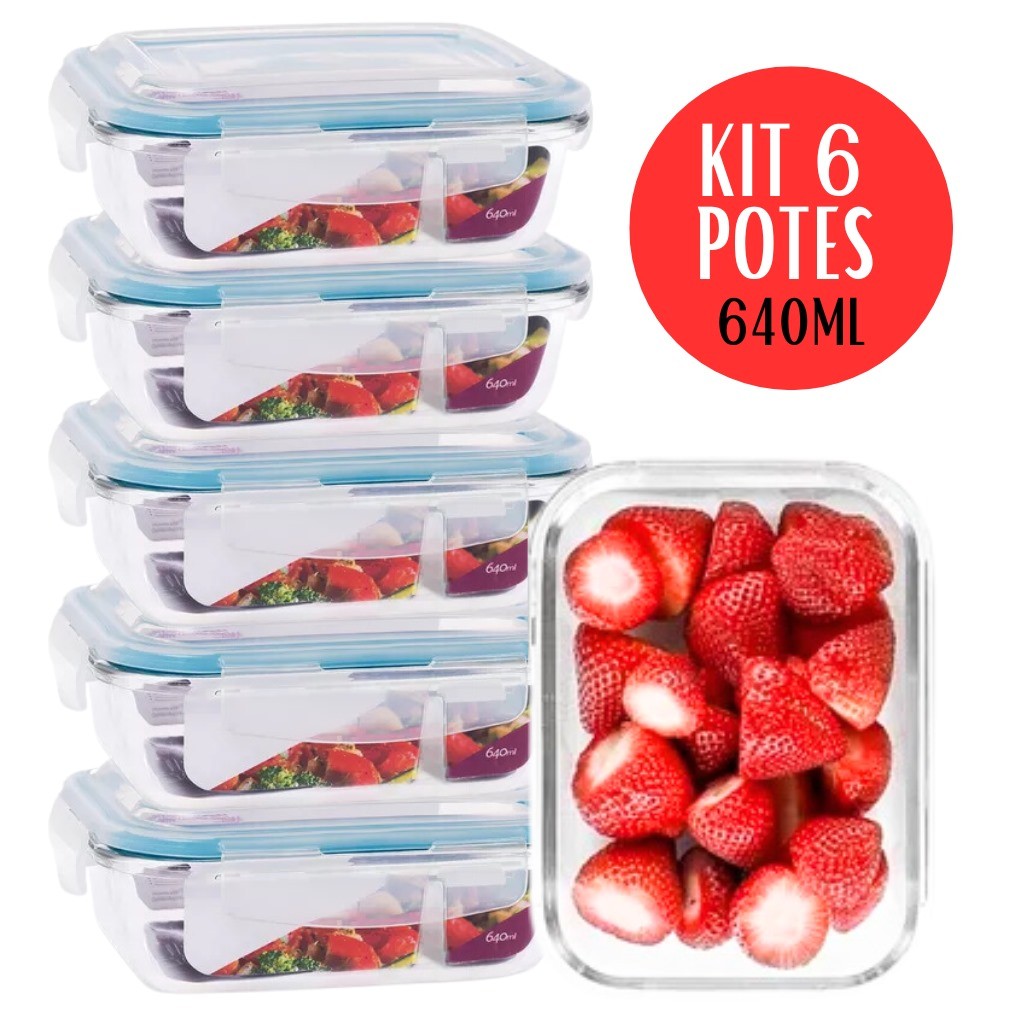 Kit 6 Potes De Vidro 640ML Hermético Marmita Com 4 Super Travas