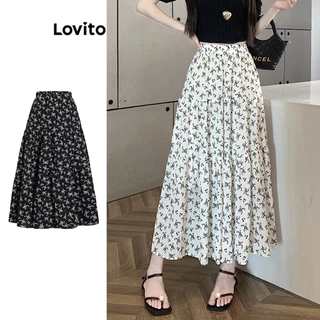 Lovito Saia Longa Simples com Estampa de Flores para Mulheres LNE17088 (Branca)