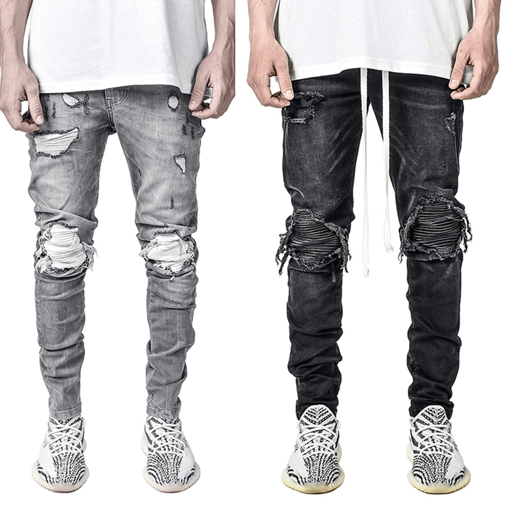 Moda Masculina Stretch Denim Skinny Calças Motocicleta Rasgado Jeans Preto Homens