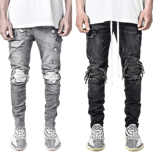 Moda Masculina Stretch Denim Skinny Calças Motocicleta Rasgado Jeans Preto Homens