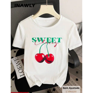 Bonito Camiseta Feminina Casual De Gola Redonda E Manga Curta Com Letras E Estampa De Flor De Cerejeira