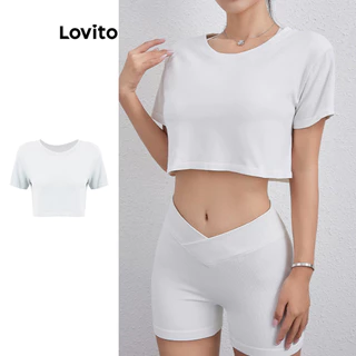 Lovito Camiseta esportiva básica lisa esportiva para mulheres LNE64225