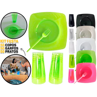 Kit Descartáveis Festa De Aniversário 50 Pratos 50 Copos 50 Garfinhos Acrílico Bolo Sobremesa Doces