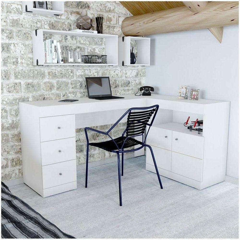 Mesa Computador Pc Job Canto 2 Portas 3 Gavetas Caemmun Branco