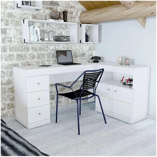 Mesa Computador Pc Job Canto 2 Portas 3 Gavetas Caemmun Branco