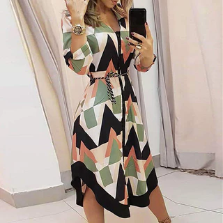 Vestido de manga comprida com gola em V de temperamento novo para mulheres no verão (21528)