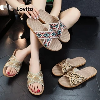 Lovito Sandálias planas antiderrapantes de linho Boho Argyle para mulheres LFA45251