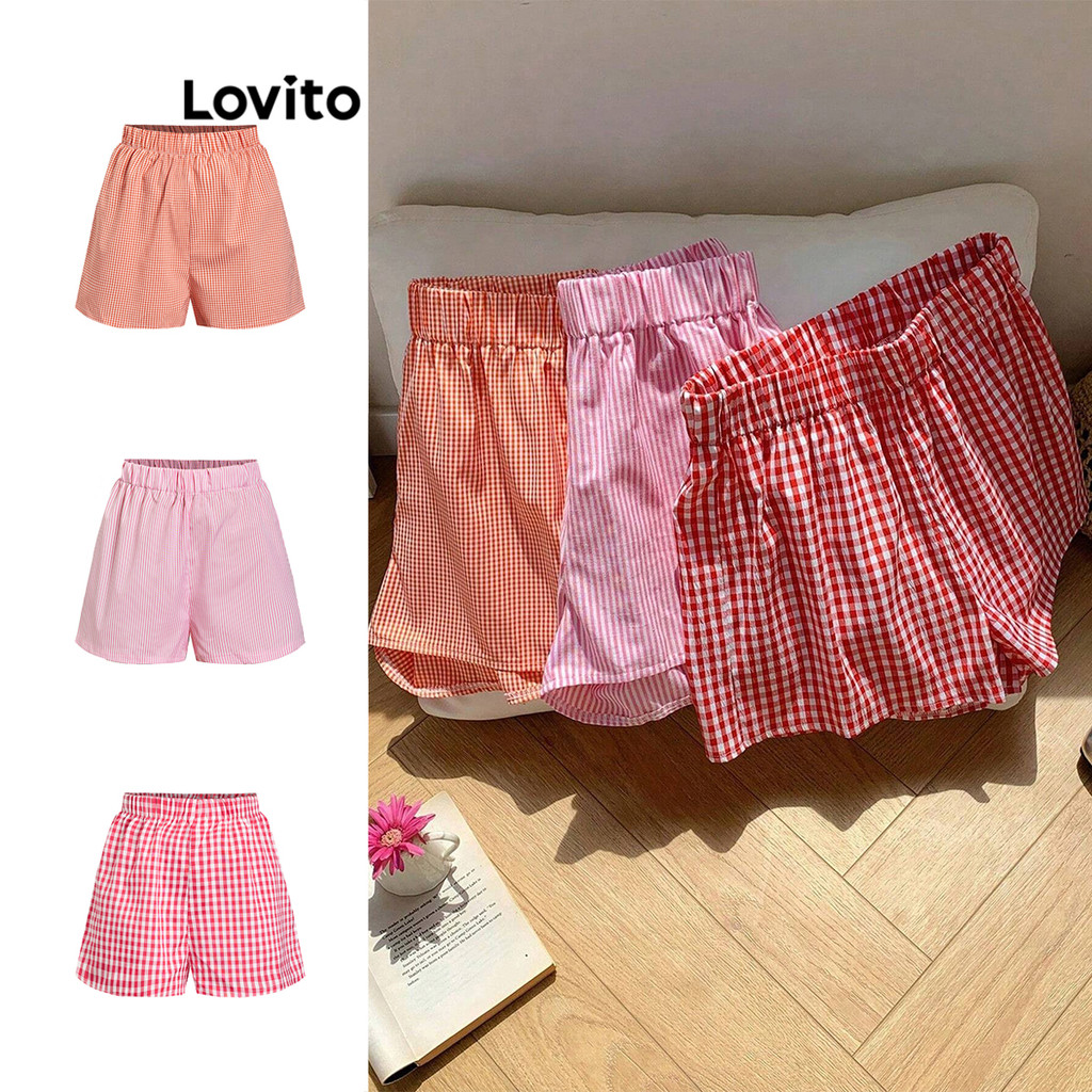 Lovito Shorts Boho xadrez básico de 3 peças para mulheres LBL15341