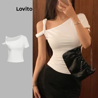 Lovito Camiseta elegante com nó assimétrico simples para mulheres L100MD094