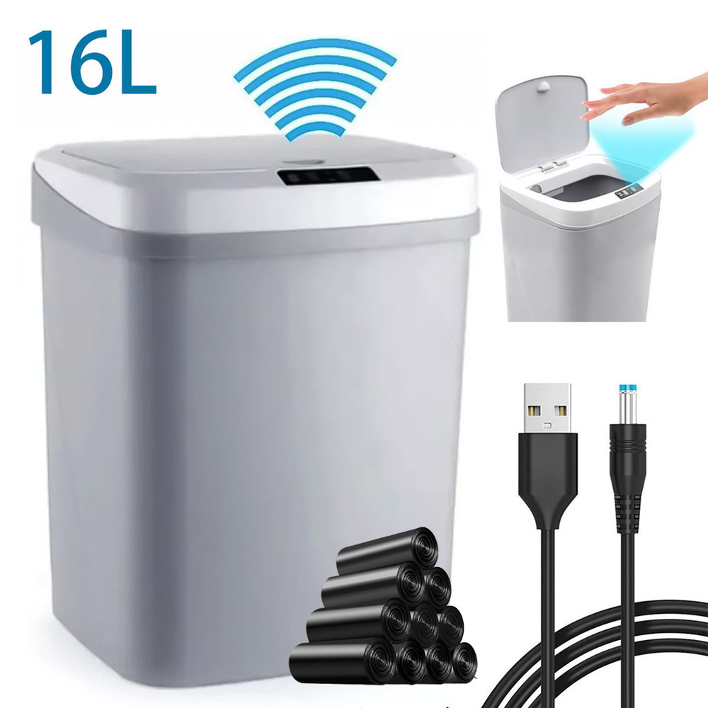 Lixeira com Sensor Automático Inteligente Abre Fácil em Toque Cesto Lixo Casa Quarto Banheiro Cozinha Escritório 16 Litros Carregamento USB