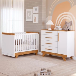 Quarto Bebê Completo Berço Mini Cama E Cômoda Retrô 100% MDF Móveis Peroba