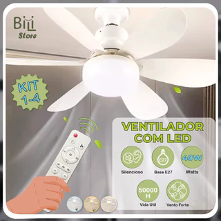 Ventilador de Teto com LED Lâmpada E27 Com Controle Remoto Bivolt 40W Luminária Economica de Energia com três cores de luz e seis lâminas de ventilação | 110V~220V