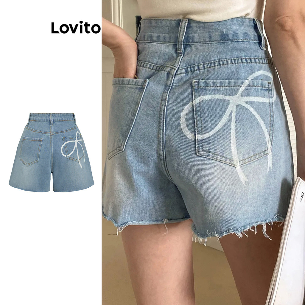Lovito Shorts jeans casual com estampa de botão simples para mulheres L105MD377