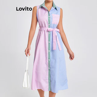 Lovito Vestido casual listrado colorblock com cinto para mulheres LBL16407