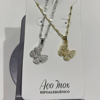 Colar com pingente de borboleta, colar de aço inoxidável com zircônia e cobre