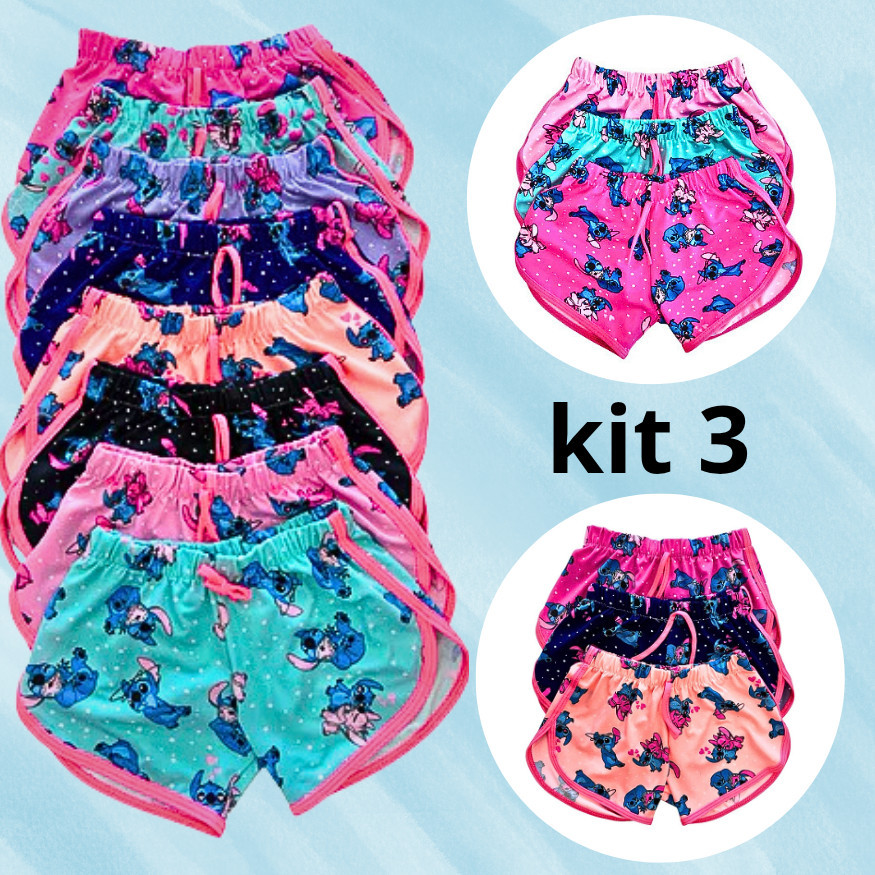 Kit 3 short verão infantil estampas coloridas menina enviado sortidos