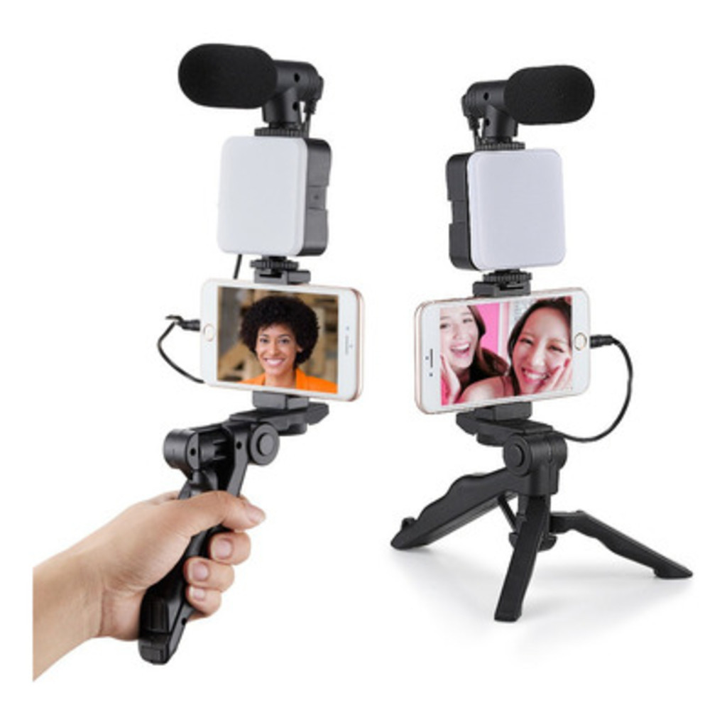 Kit Gravaçao 4 Em 1 Com Microfone Led Suporte Celular Cor Preto