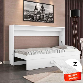 Cama De Parede Dobrável Solteiro Horizontal Com Colchão Branco Brilho Framar