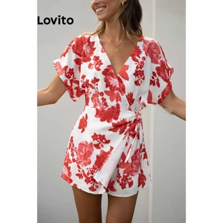 Lovito Macacão elegante Ditsy floral com renda para mulheres LNL75043