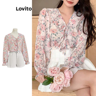 Lovito Blusa casual floral com babados e bainha transparente para mulheres L99ED833