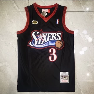 Phaladelphia 76ers dos homens Allen Iverson T-shirt Preta 2023NBA Mitchell & Ness 2000-01 Basquete Bordado Final