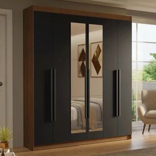 Guarda-Roupa Casal 6 Portas Batentes com Espelho Rustic/Preto/Preto Saturno Madesa em Oferta na Shopee