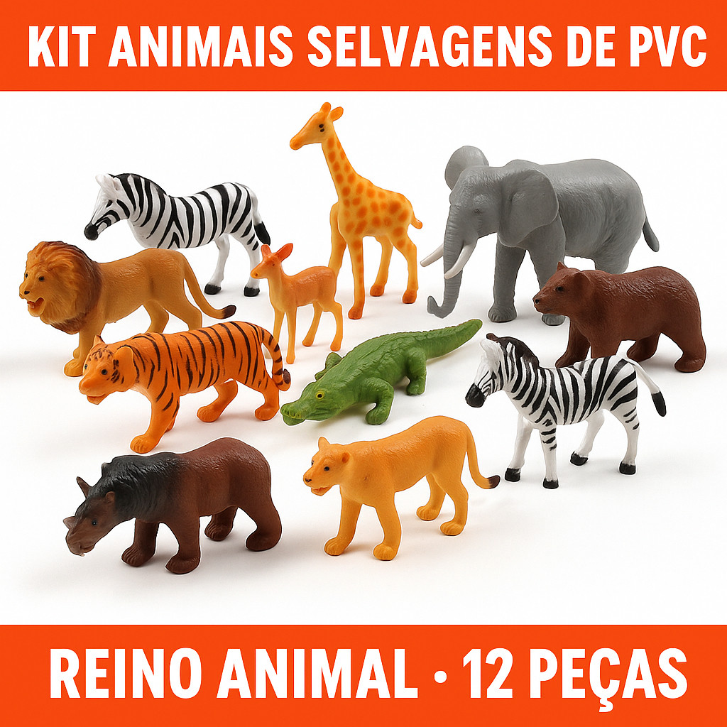 Kit Animais Selvagens Safári de PVC com 10 Peças – Reino Animal Brinquedo Educativo Infantil