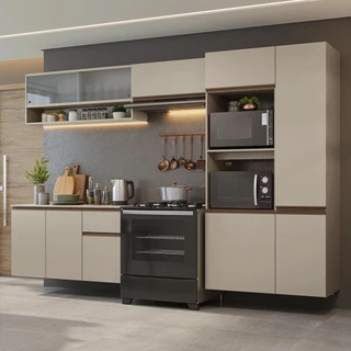 Armário de Cozinha Completa 300 cm Suspenso Crema Nice Madesa 06 em Oferta na Shopee