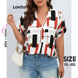 Lovito Blusa geométrica casual plus size curva para mulheres LBL14373