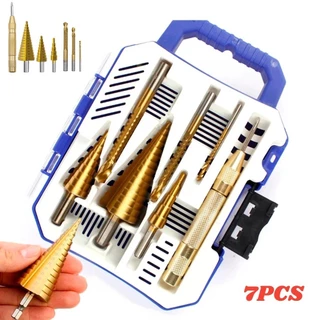 Jogo Broca Escalonada Broca Corte Lateral Marcador Punção 7 Peças Com Estojo Organizador P/ Madeira Metal Aluminio Cobre Plastico Parafusadeira Furadeira Ferramenta