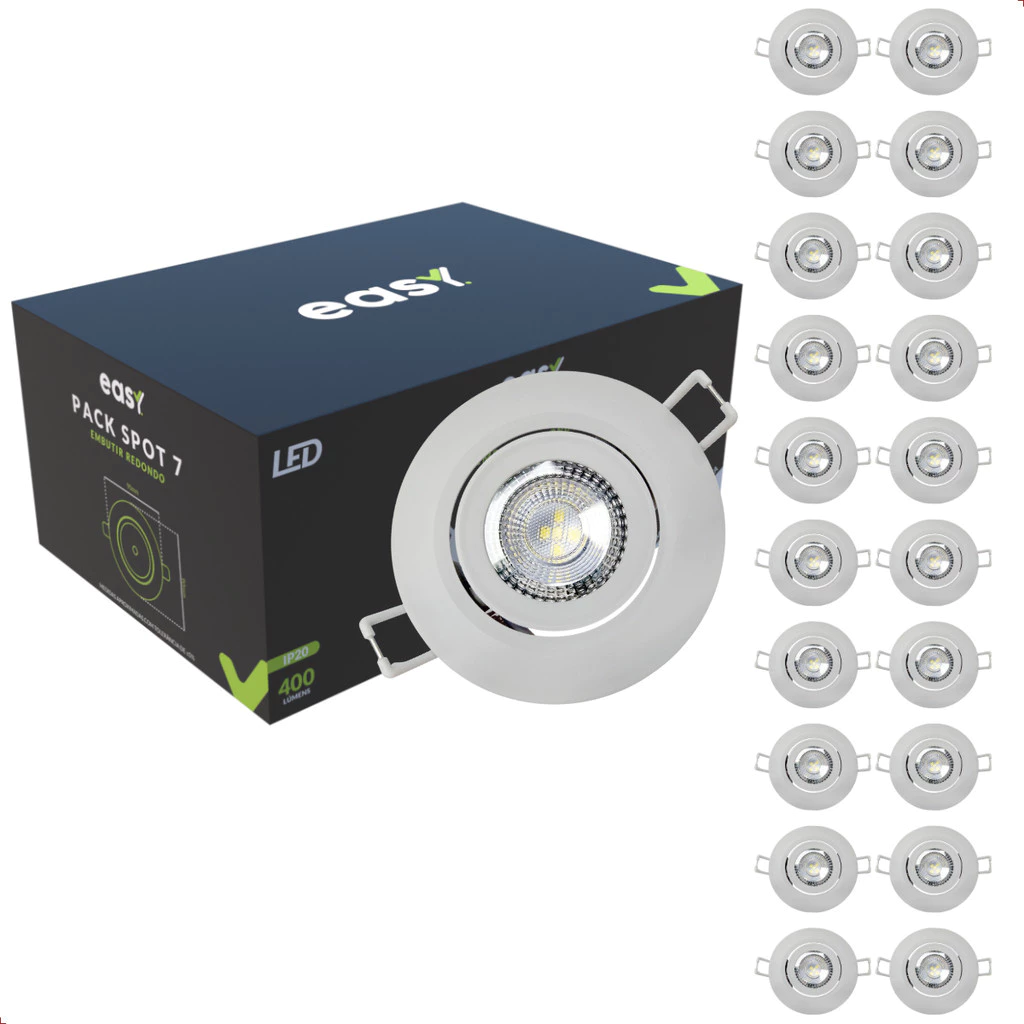 Kit 20 Spot Led 7W 3000k IP20 Embutir Redondo Bivolt - Easy