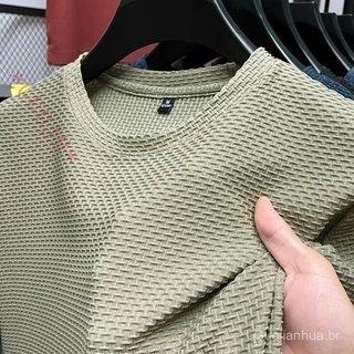 GUOJH Camiseta De Malha De Seda Gelada De Manga Curta Masculina Esticada E Confortável top casual