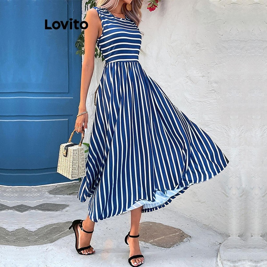 Lovito Vestido casual listrado com bolso geométrico para mulheres LNL74454