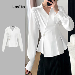 Lovito Blusa feminina elegante com botões lisos e franzidos L100MD333