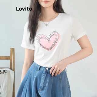 Lovito Camiseta feminina casual com padrão em forma de coração L100MD043